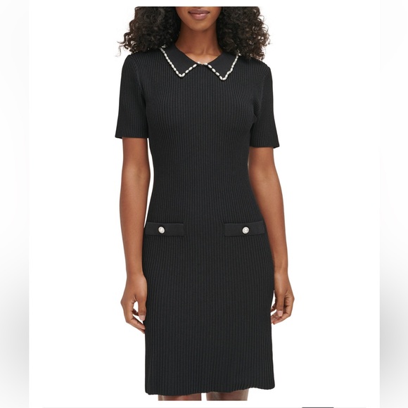 New. KARL LAGERFELD PARIS Women's Beaded-Collar Ribbed Sweater Dress - Picture 2 of 5